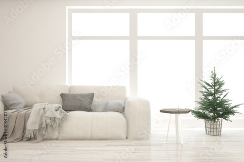 White living room with sofa. Scandinavian interior design. 3D illustration