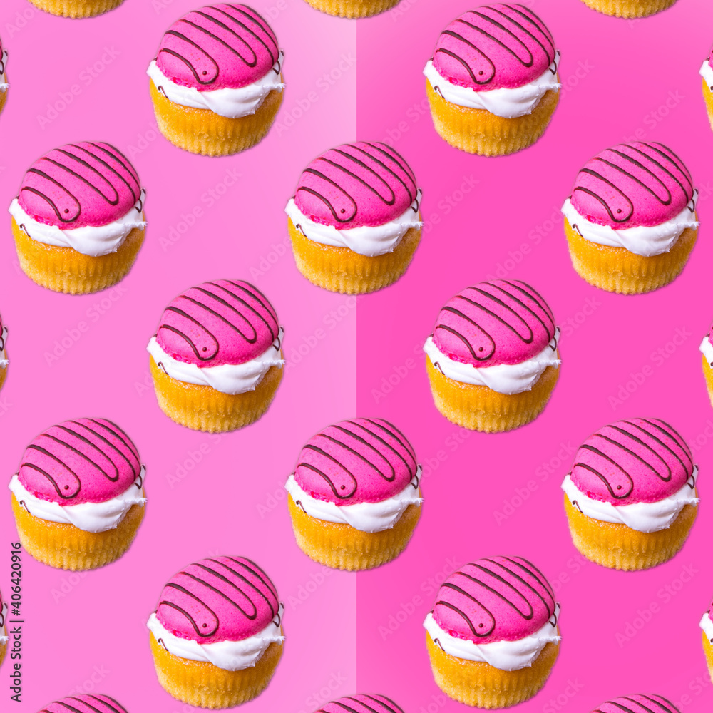Cupcakes with white and pink cream on a pink gradient background, flat layout, seamless pattern, wallpaper, banner, template Cupcakes with white and pink cream on a pink gradient background, flat layout, seamless pattern, wallpaper, banner, template