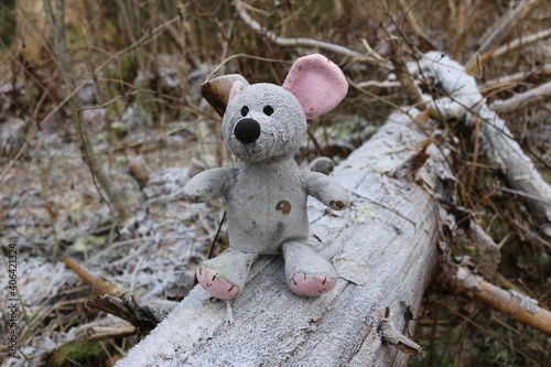toy mouse in the forest on a tree. winter frost