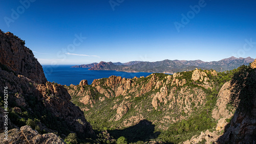 Rock formations in the bizzare landscape of Calanche de Piana, located in n the Gulf of Porto, on the west coast of Corsica, France photo
