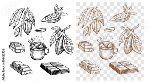 Chocolate bar, cocoa bean, hot chocolate. Set of outline illustrations. Vector on transparent background