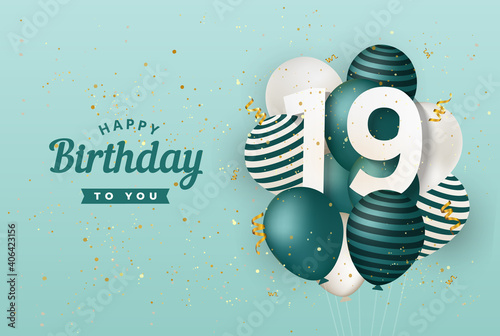 Happy 19th birthday with green balloons greeting card background. 19 years anniversary. 19th celebrating with confetti. Vector stock photo