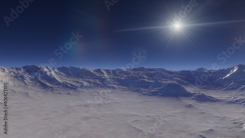 beautiful view from an exoplanet, a view from an alien planet, a computer-generated surface, a fantastic view of an unknown world, a fantasy world 3D render 