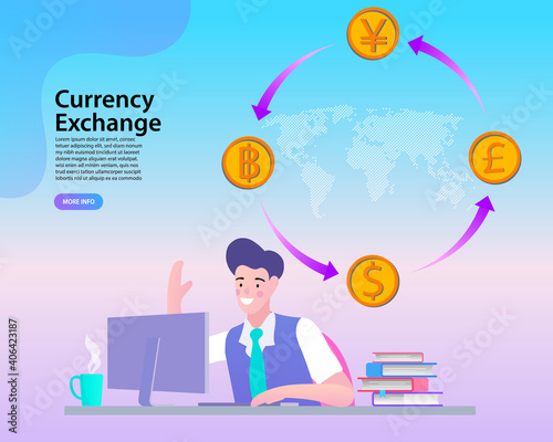 Currency exchange and forex trading online. A businessman manages international money transfers, including Thai Baht (THB). Vector concept for a global fintech platform and financial investment.