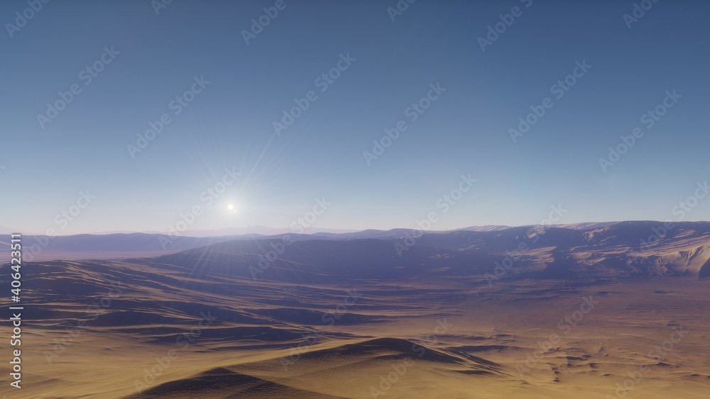 Fototapeta premium beautiful view from an exoplanet, a view from an alien planet, a computer-generated surface, a fantastic view of an unknown world, a fantasy world 3D render 