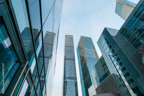 A beautiful view of the skyscrapers from the bottom up