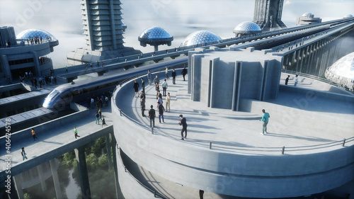 futuristic train station with monorail and train. traffic of people, crowd. Concrete architecture. Future concept. 3d rendering.