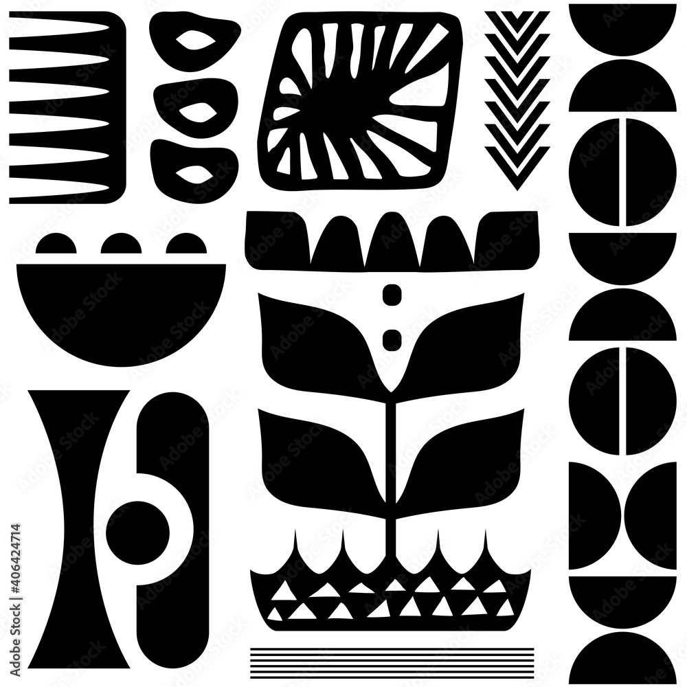 Scandinavian folk art seamless vector pattern with plants and other figures in minimalist style - obrazy, fototapety, plakaty 
