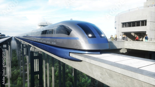 futuristic train station with monorail and train. traffic of people, crowd. Concrete architecture. Future concept. 3d rendering. photo