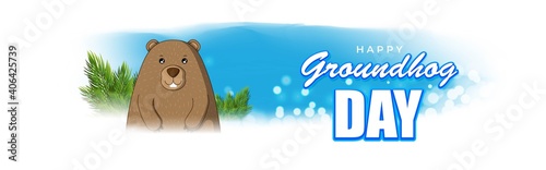 Vector illustration concept of Happy Groundhog Day greeting with cute groundhog coming out from snow covered ground. 2 February.