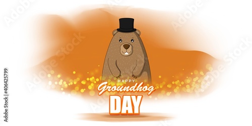 Vector illustration concept of Happy Groundhog Day greeting with cute groundhog coming out from snow covered ground. 2 February.