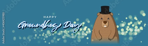 Vector illustration concept of Happy Groundhog Day greeting with cute groundhog coming out from snow covered ground. 2 February.