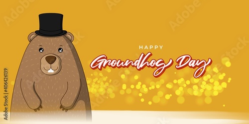 Vector illustration concept of Happy Groundhog Day greeting with cute groundhog coming out from snow covered ground. 2 February.