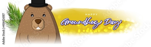 Vector illustration concept of Happy Groundhog Day greeting with cute groundhog coming out from snow covered ground. 2 February.