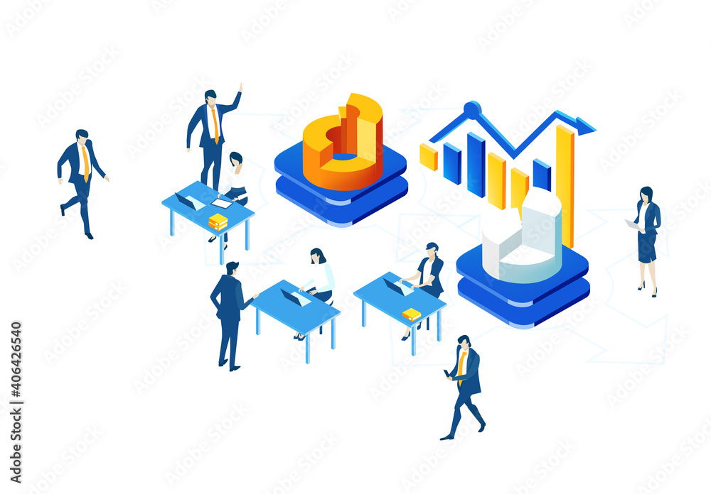 Isometric 3D business environment with business people working around growth charts and bars. Finance, economy, banking, success, personal security concept infographic illustration. Isometric 3D business environment with business people working around growth charts and bars. Finance, economy, banking, success, personal security concept infographic illustration.