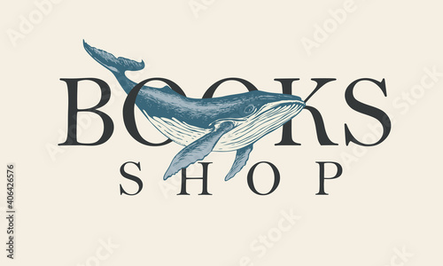 Vector banner for books shop with inscription, a hand-drawn whale and a map in vintage style. Suitable for advertising flyer, label, icon, bookmark, business card, design element