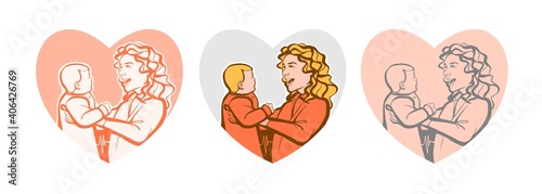 A set of three stylish logos in a circle. A young happy woman embraces a child. Color illustration of the female theme of motherhood and childhood. Vector.