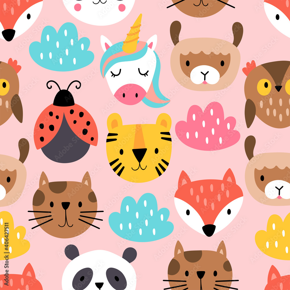 Seamless pattern background with cute animals heads. Childish print for cards, stickers, apparel and decoration. Vector Illustration Seamless pattern background with cute animals heads. Childish print for cards, stickers, apparel and decoration. Vector Illustration