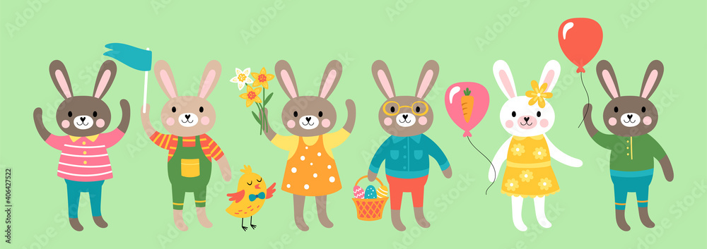 Obraz premium Easter holiday cute bunny character set. Childish print for cards, nvitations, stickers and decoration