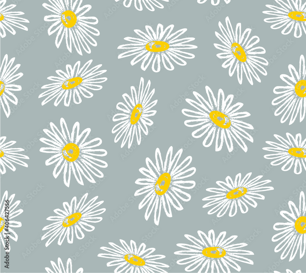 Floral background, white chamomiles on a gray background. Vector. Watercolor. Fashionable design for textiles, fabric, wallpaper, paper.