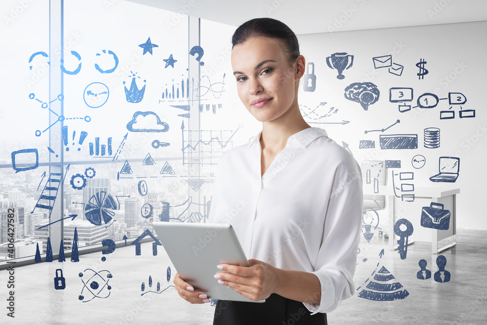Smiling young woman with tablet and her business plan Smiling young woman with tablet and her business plan