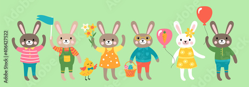 Easter holiday cute bunny character set. Childish print for cards, nvitations, stickers and decoration