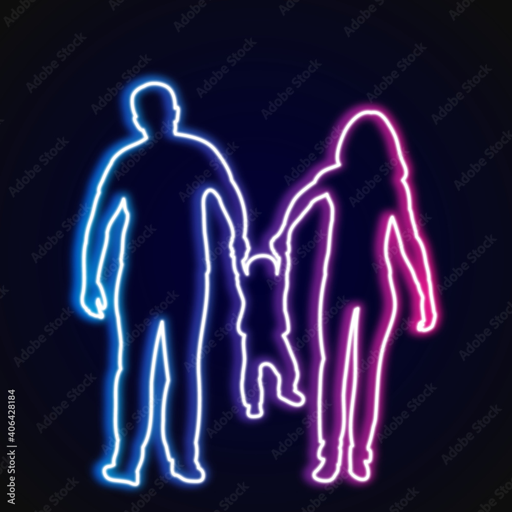 neon silhouette family on black background neon silhouette family on black background