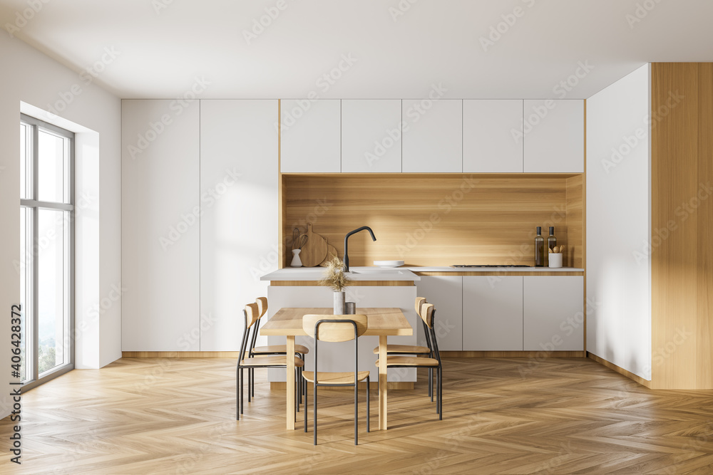 White and wooden kitchen interior with table White and wooden kitchen interior with table
