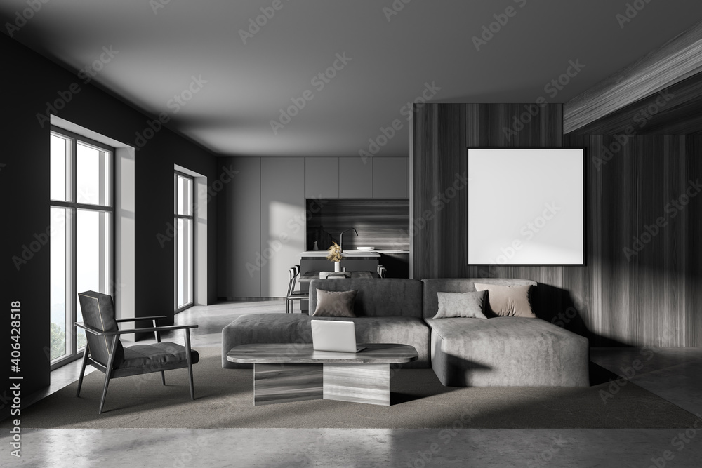 Gray and wooden living room with sofa and poster Gray and wooden living room with sofa and poster