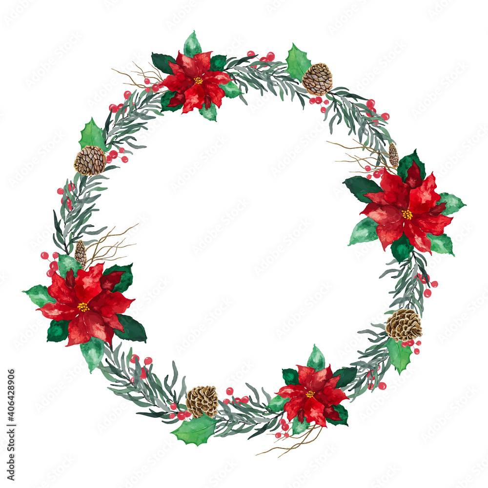 Fototapeta premium Mistletoe Christmas over white background using hand draw water colour illustration - Christmas celebration decoration object concept