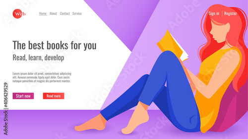 Website design for online learning, library, book store. Woman seating on the floor and reading a book. Vector illustration for poster, banner, website development.