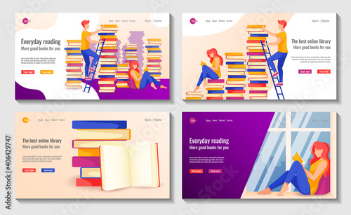 Set of website design for online learning, library, book store. Man on the ladder, woman is reading. Vector illustration for poster, banner, website development.