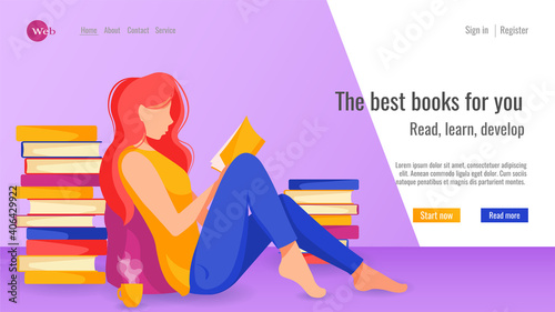 Website design for online learning, library, book store. Woman seating on the floor and reading a book. Vector illustration for poster, banner, website development.