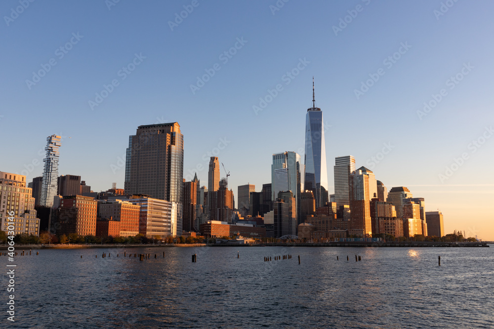 Beautiful Tribeca and Lower Manhattan New York City Skyline along the Hudson River during a Sunset