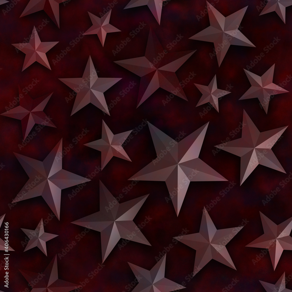 Seamless star pattern, star on a black background. 3D render, illustration. Festive abstract concept. New year, christmas, textiles, paper