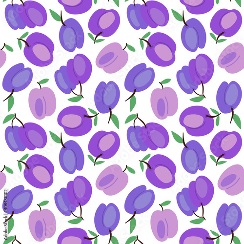 Plum vector seamless pattern. Fruit illustration. Kitchen background.