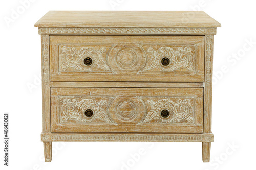 old carved chest of drawers with two drawers on a white background