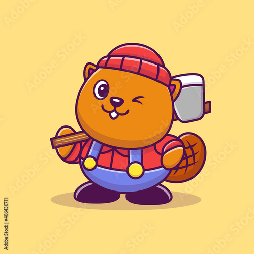 Cute Beaver Lumberjack Cartoon Vector Icon Illustration. Animal Profession Icon Concept Isolated Premium Vector. Flat Cartoon Style