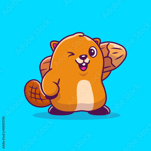 Cute Beaver Holding Wood Cartoon Vector Icon Illustration. Animal Nature Icon Concept Isolated Premium Vector. Flat Cartoon Style