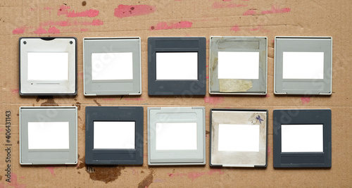 set of vintage grungy photographic slides, empty frames, free space for pics photo