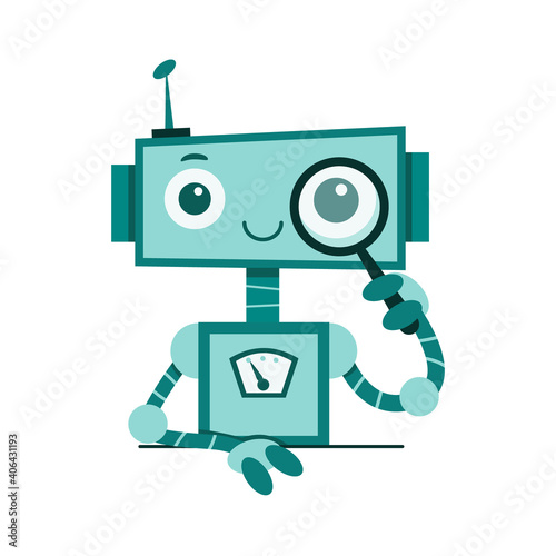 Smiling cute robot chat bot. Support service concept. Vector cartoon flat illustration