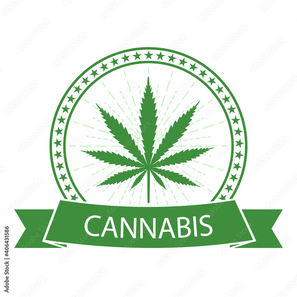 medical marijuana logo. Green cannabis leaf in circle with banner medical marijuana logo. Green cannabis leaf in circle with banner