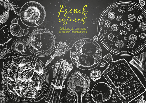 French cuisine top view frame. A set of classic French dishes with quiche lorraine, mussels, poached eggs, onion soup, bakery. Food menu design template. Hand drawn sketch vector illustration.