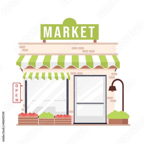 Cute cartoon market facade detailed vector illustration. Eco, Vegetables, fruits, food shop. Isolated on white background. Building exterior 