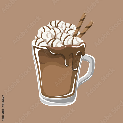 Hot chocolate drink with marshmallows, melted syrup and straws in tall glass mug on brown background vector illustration. Clip art for Christmas, cafe or dessert shops, menu designs, element etc.
