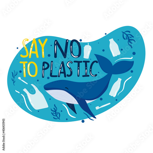 Say no to plastic. Sea, ocean wildlife - whale, fish, plants. Plastic waste in ocean, sea  pollution - bottles, plastic bags, straws. Cartoon style illustration. Keep the sea plastic free.