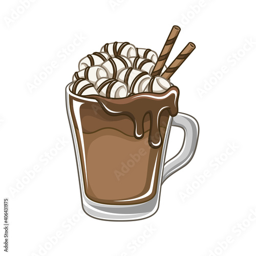 Hot chocolate drink with marshmallows, melted choco syrup and straws in tall glass mug cartoon vector illustration. Clip art for Christmas, cafe or dessert shops, menu designs, stickers etc.