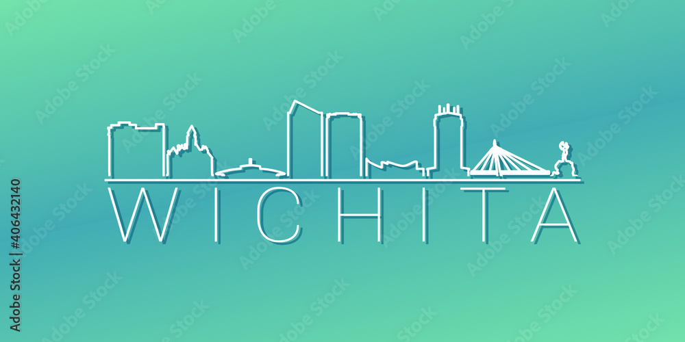 Fototapeta premium Wichita, KS, USA Skyline Linear Design. Flat City Illustration Minimal Clip Art. Background Gradient Travel Vector Icon.
