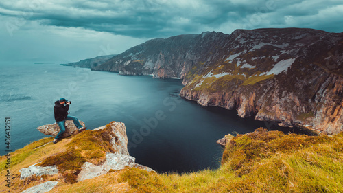 Slieve League, Irelands highest sea cliffs, located in south west Donegal along this magnificent costal driving route. One of the most popular stops at Wild Atlantic Way route, Co Donegal, Ireland. photo