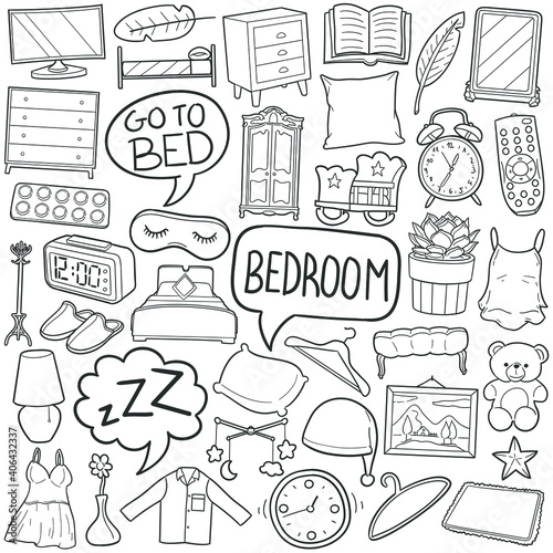 Bedroom doodle icon set. Home Room Vector illustration collection. Go to bed Hand drawn Line art style.